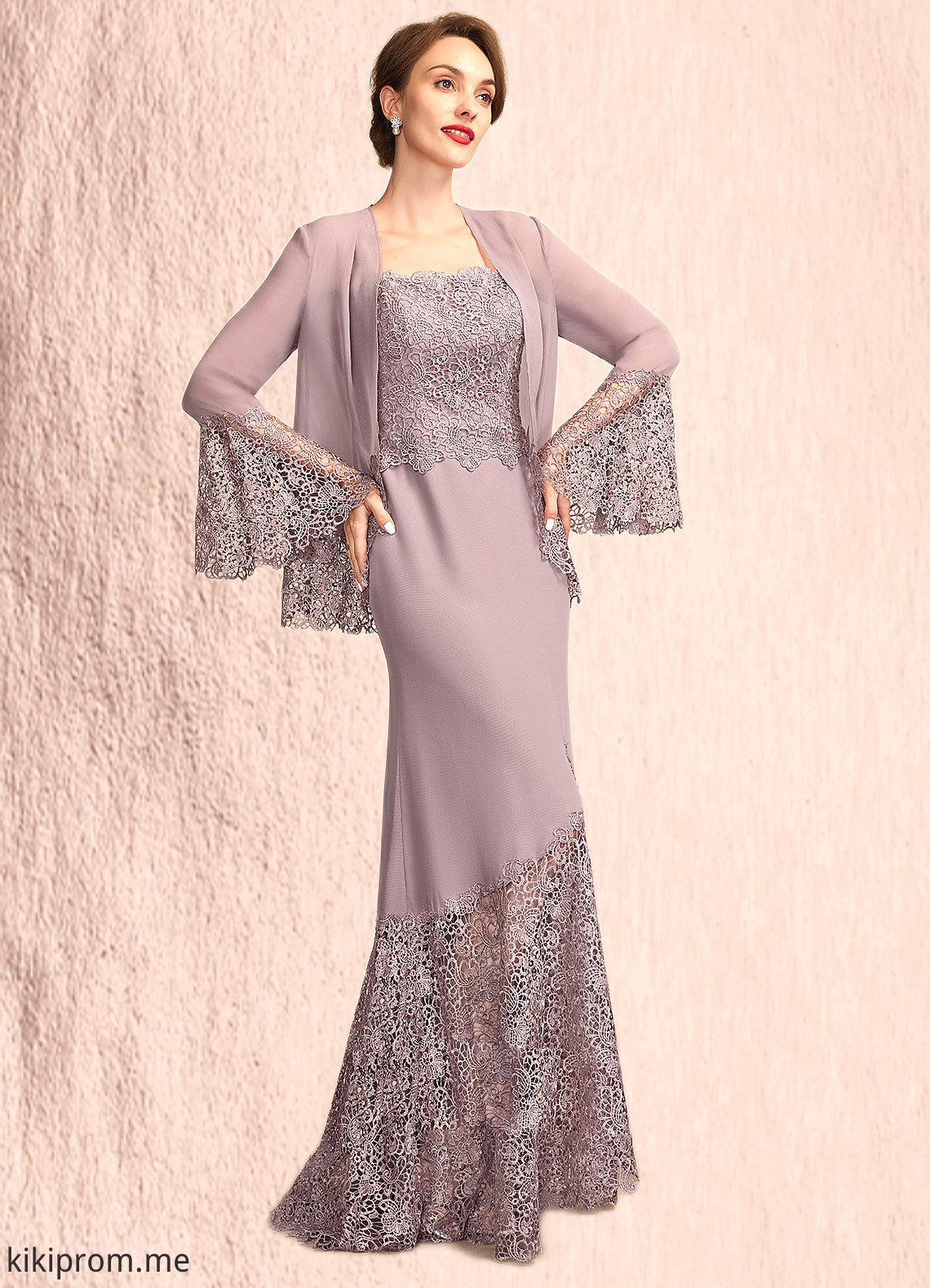 Felicity Trumpet/Mermaid Square Neckline Asymmetrical Chiffon Lace Mother of the Bride Dress STF126P0015001