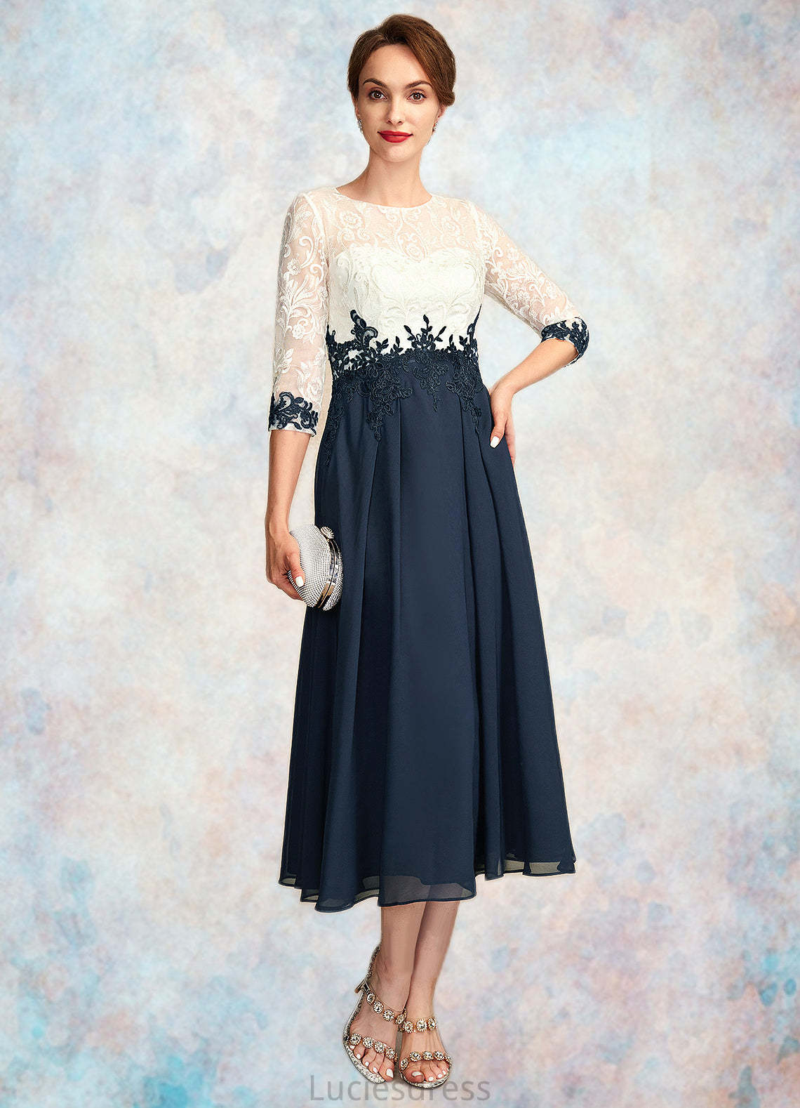 Jade A-Line Scoop Neck Tea-Length Chiffon Lace Mother of the Bride Dress HF126P0015002