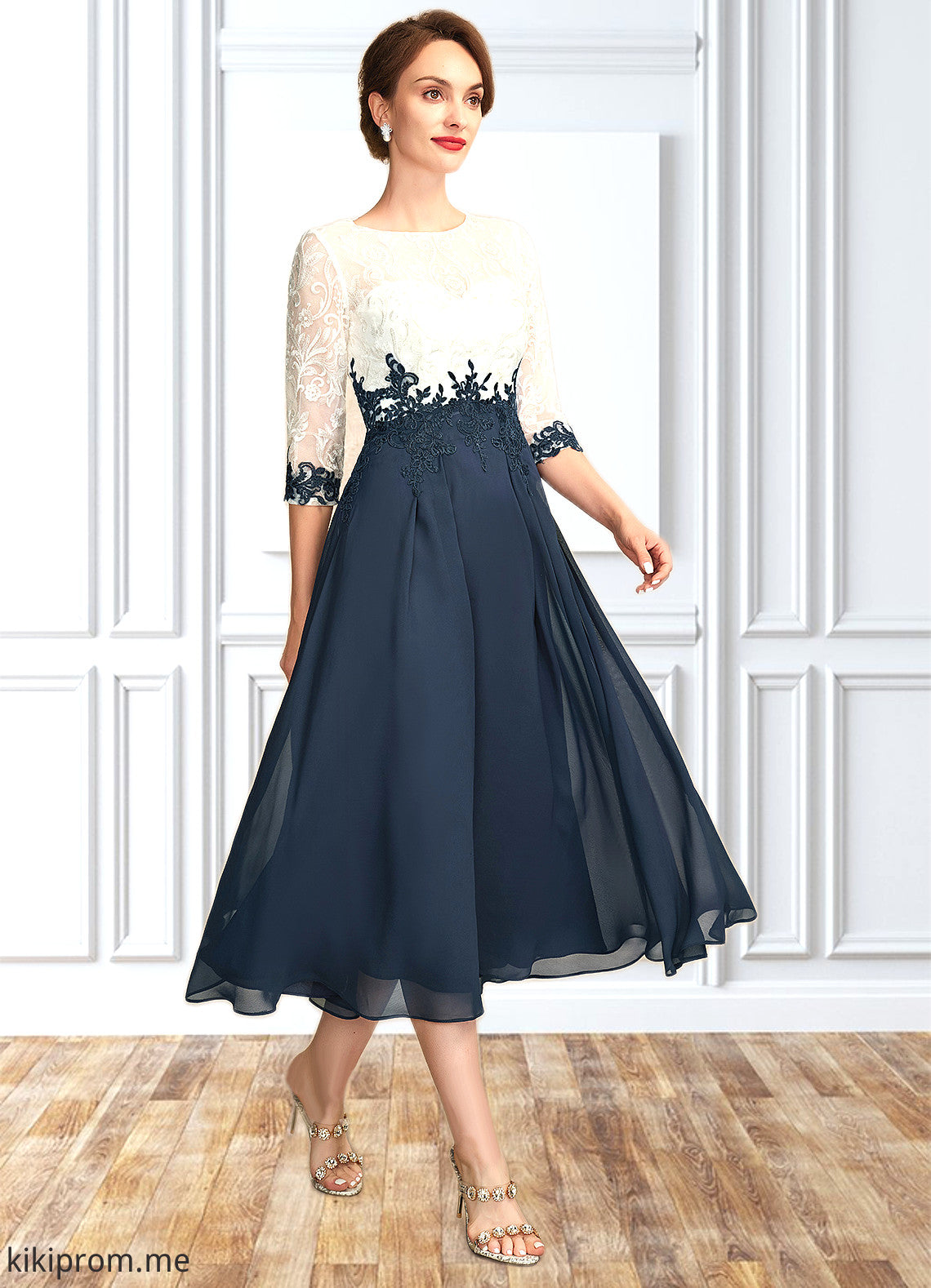 Camille A-Line Scoop Neck Tea-Length Chiffon Lace Mother of the Bride Dress STF126P0015002