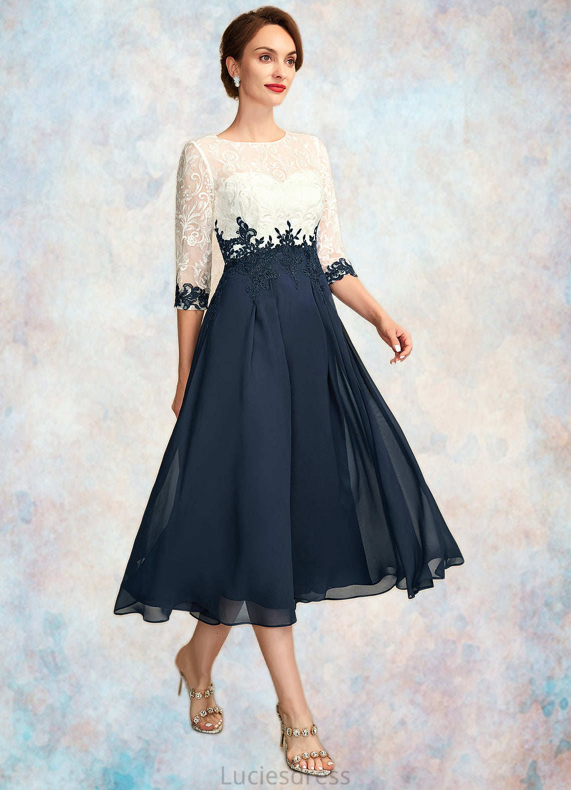 Jade A-Line Scoop Neck Tea-Length Chiffon Lace Mother of the Bride Dress HF126P0015002