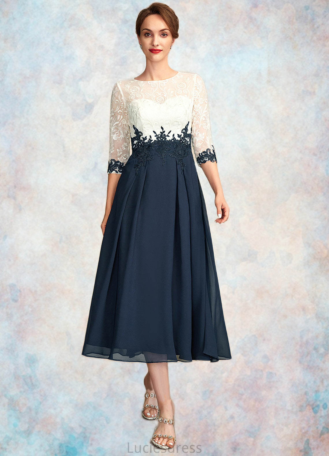 Jade A-Line Scoop Neck Tea-Length Chiffon Lace Mother of the Bride Dress HF126P0015002