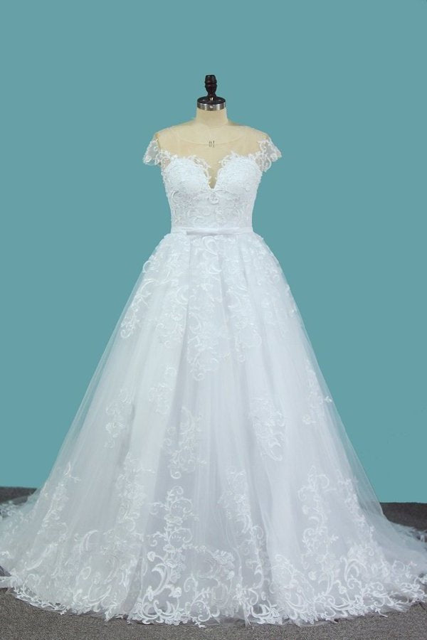 2024 A Line Lace Cap Sleeve Scoop Wedding Dresses With Beads PZ98FJLK