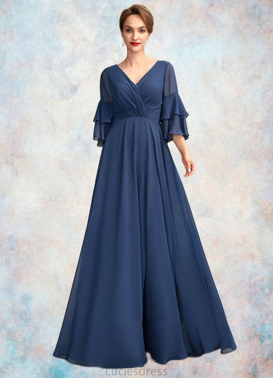 Olive A-Line V-neck Floor-Length Chiffon Mother of the Bride Dress With Cascading Ruffles HF126P0015003