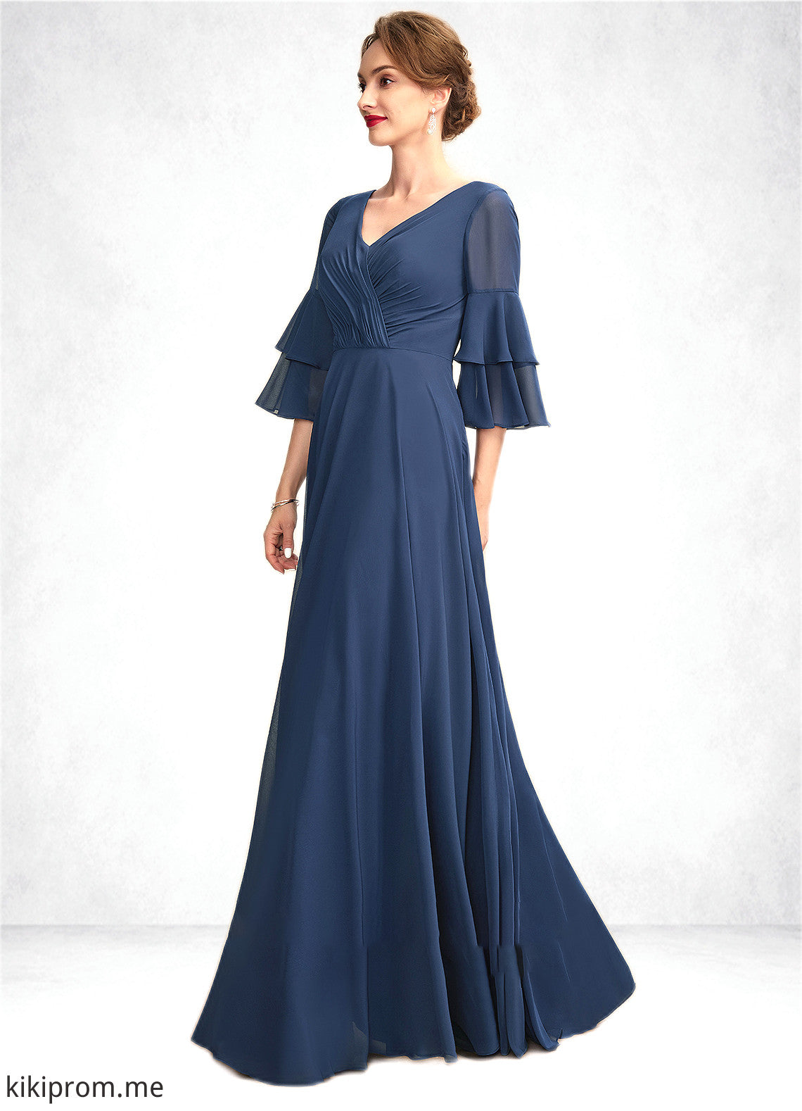 Ashanti A-Line V-neck Floor-Length Chiffon Mother of the Bride Dress With Cascading Ruffles STF126P0015003