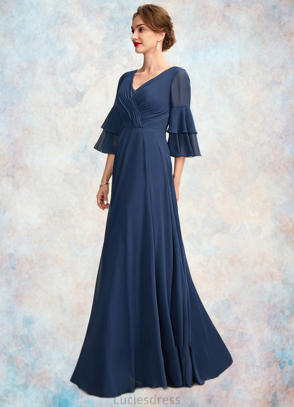 Olive A-Line V-neck Floor-Length Chiffon Mother of the Bride Dress With Cascading Ruffles HF126P0015003