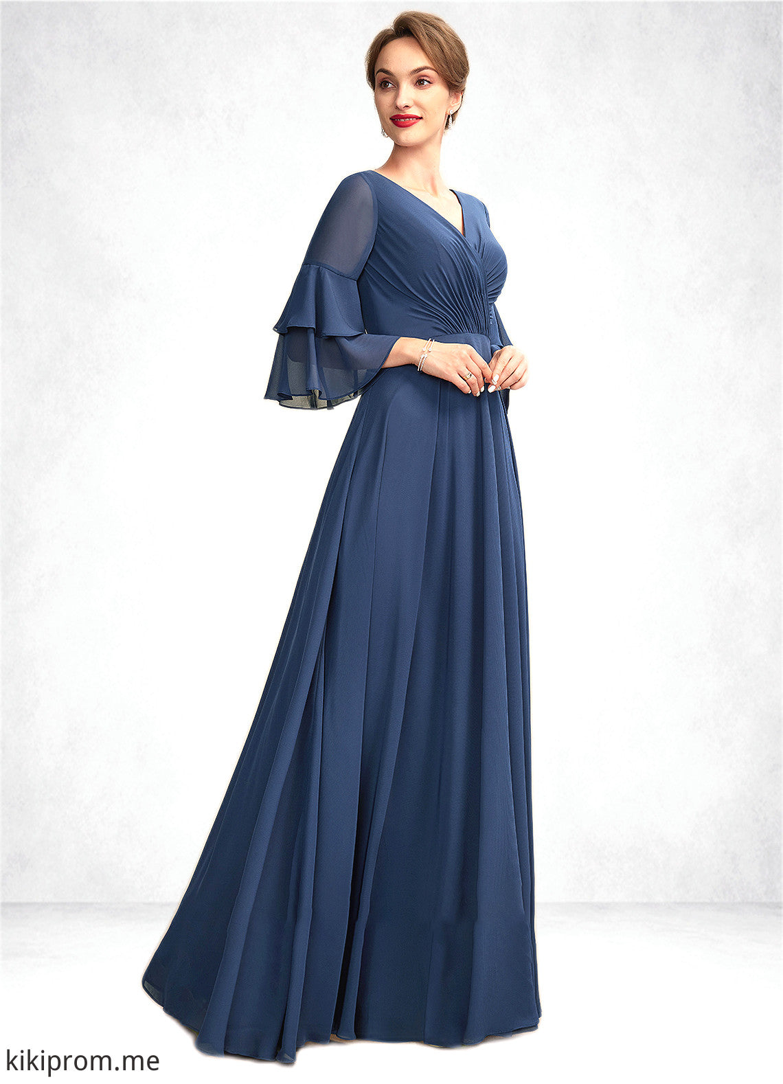 Ashanti A-Line V-neck Floor-Length Chiffon Mother of the Bride Dress With Cascading Ruffles STF126P0015003