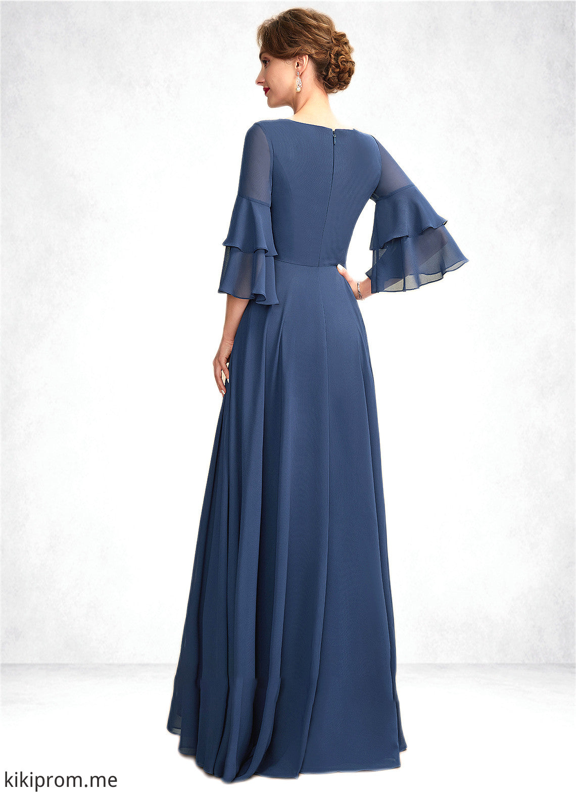 Ashanti A-Line V-neck Floor-Length Chiffon Mother of the Bride Dress With Cascading Ruffles STF126P0015003