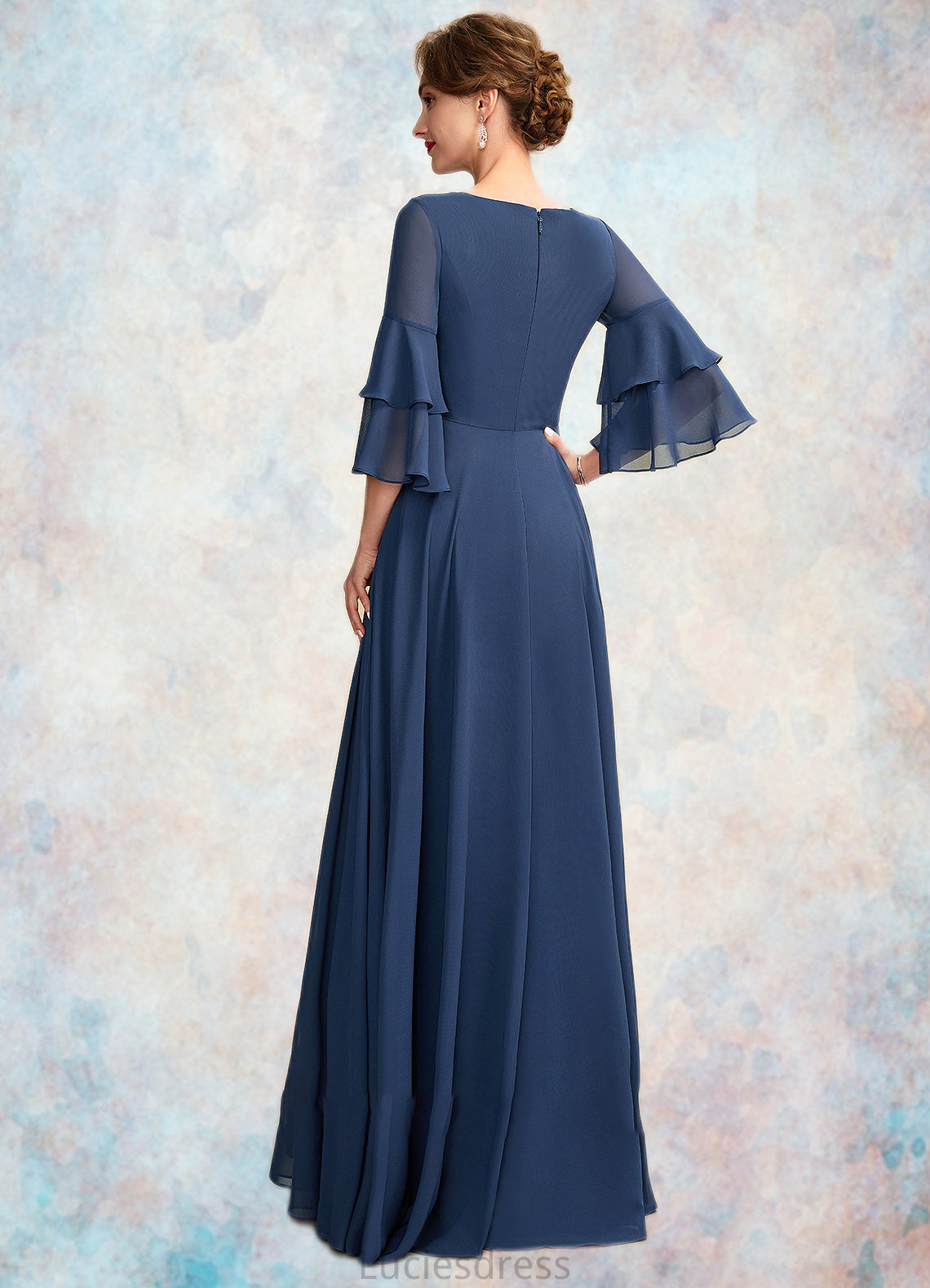 Olive A-Line V-neck Floor-Length Chiffon Mother of the Bride Dress With Cascading Ruffles HF126P0015003