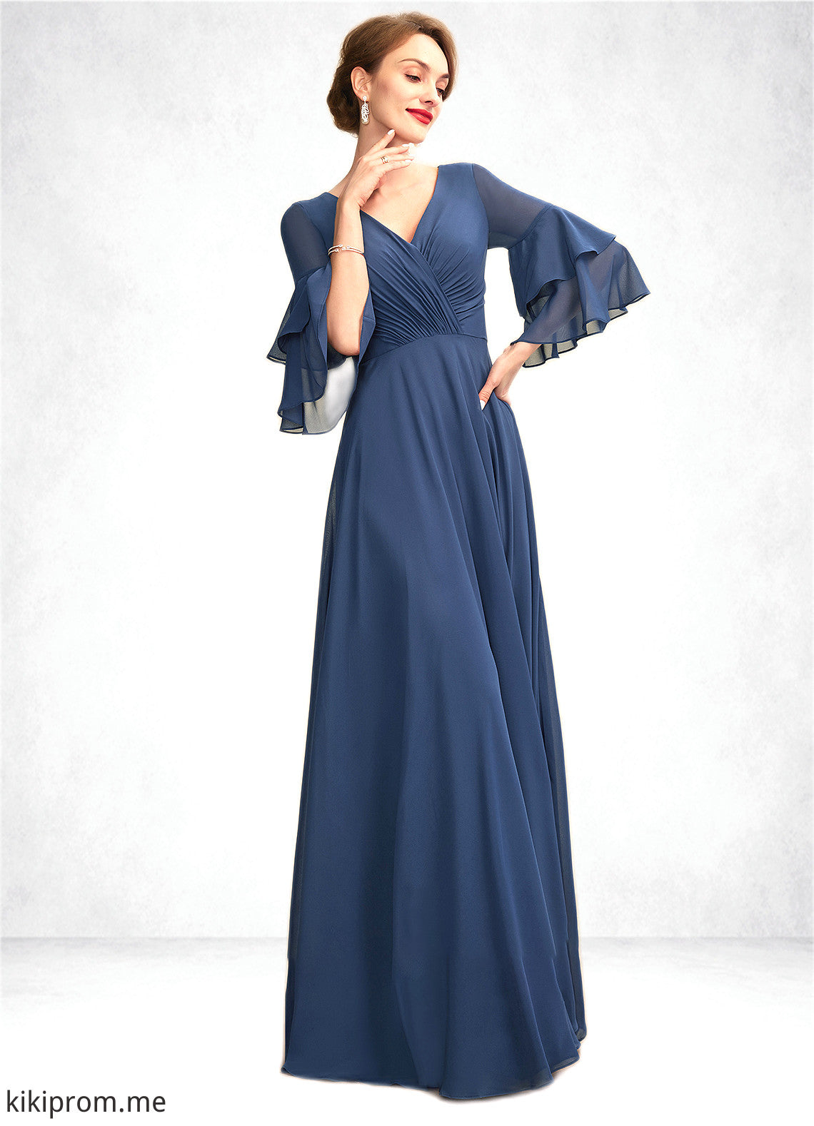 Ashanti A-Line V-neck Floor-Length Chiffon Mother of the Bride Dress With Cascading Ruffles STF126P0015003