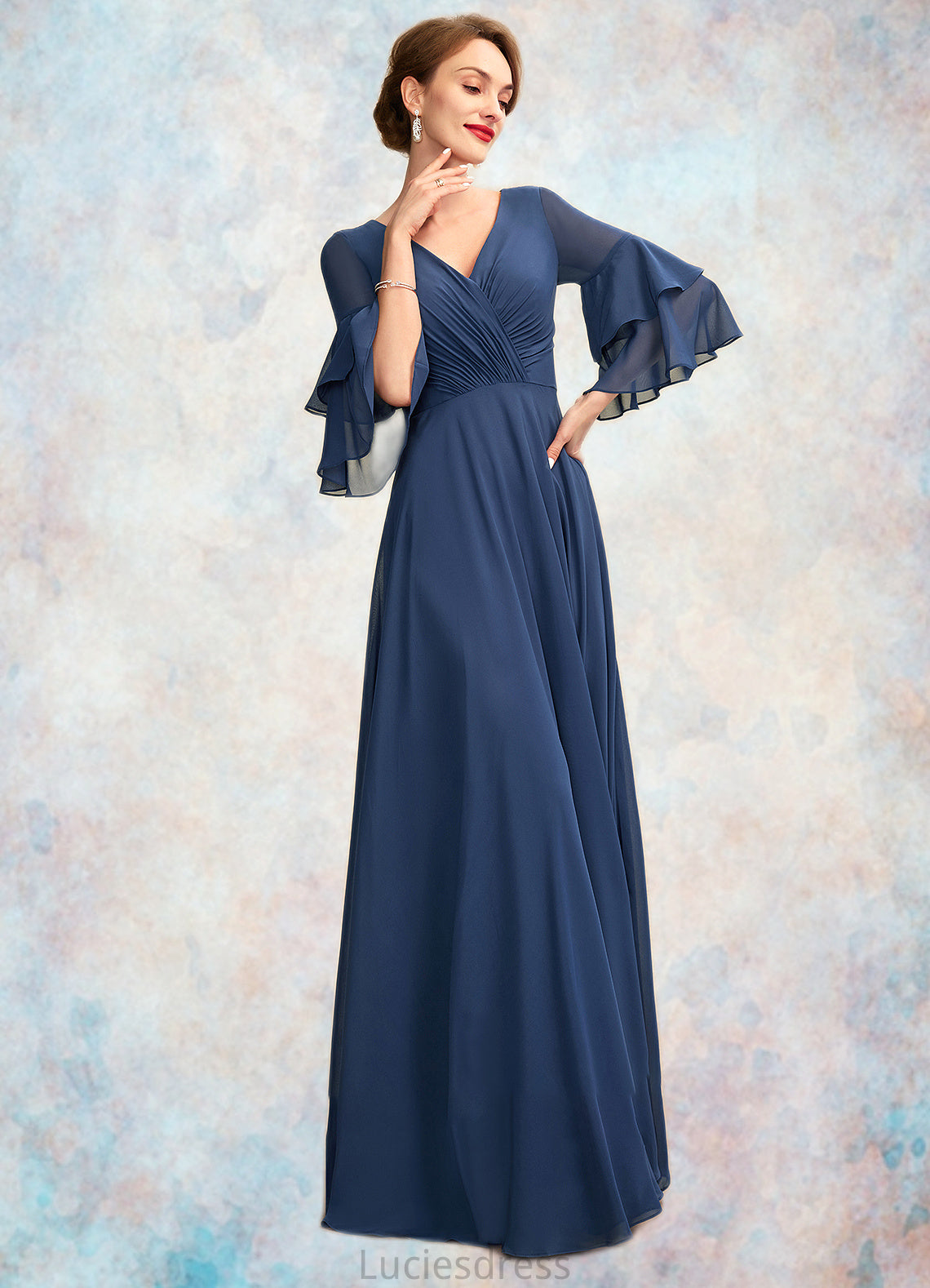 Olive A-Line V-neck Floor-Length Chiffon Mother of the Bride Dress With Cascading Ruffles HF126P0015003