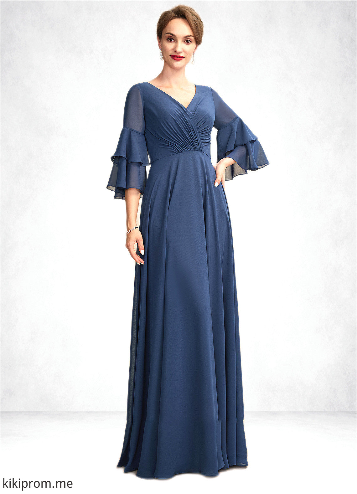 Ashanti A-Line V-neck Floor-Length Chiffon Mother of the Bride Dress With Cascading Ruffles STF126P0015003