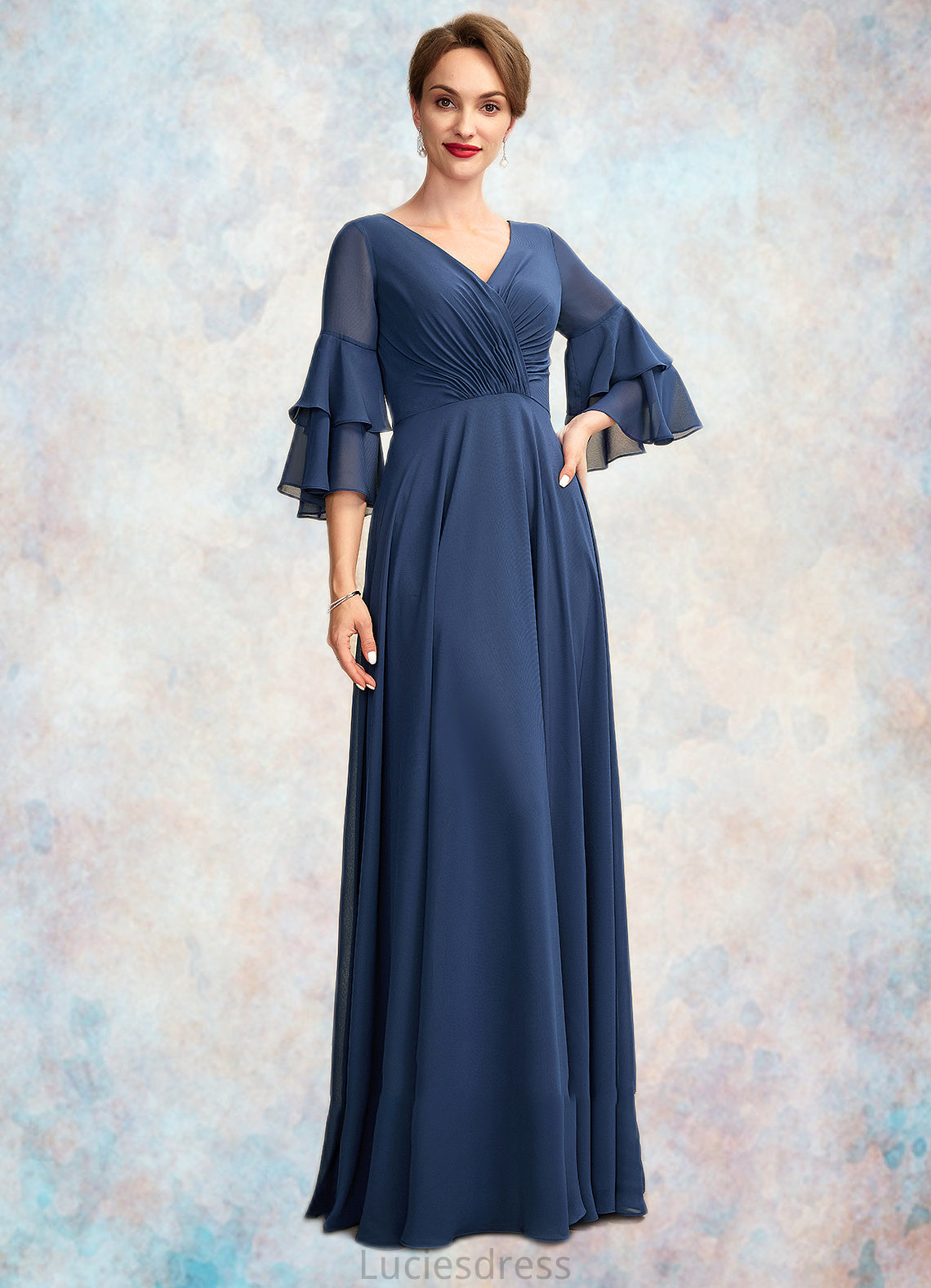 Olive A-Line V-neck Floor-Length Chiffon Mother of the Bride Dress With Cascading Ruffles HF126P0015003