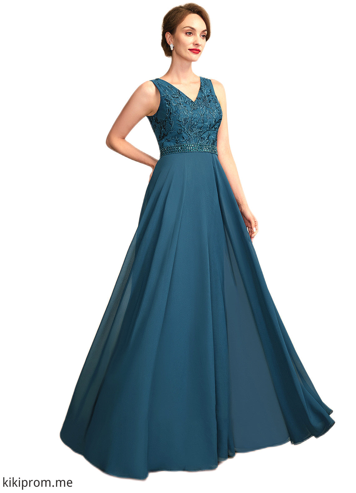 Dahlia A-Line V-neck Floor-Length Chiffon Lace Mother of the Bride Dress With Beading Sequins STF126P0015004