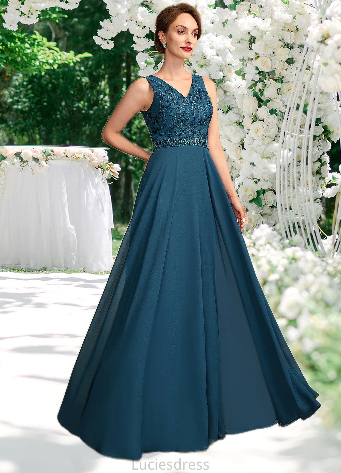 Miya A-Line V-neck Floor-Length Chiffon Lace Mother of the Bride Dress With Beading Sequins HF126P0015004