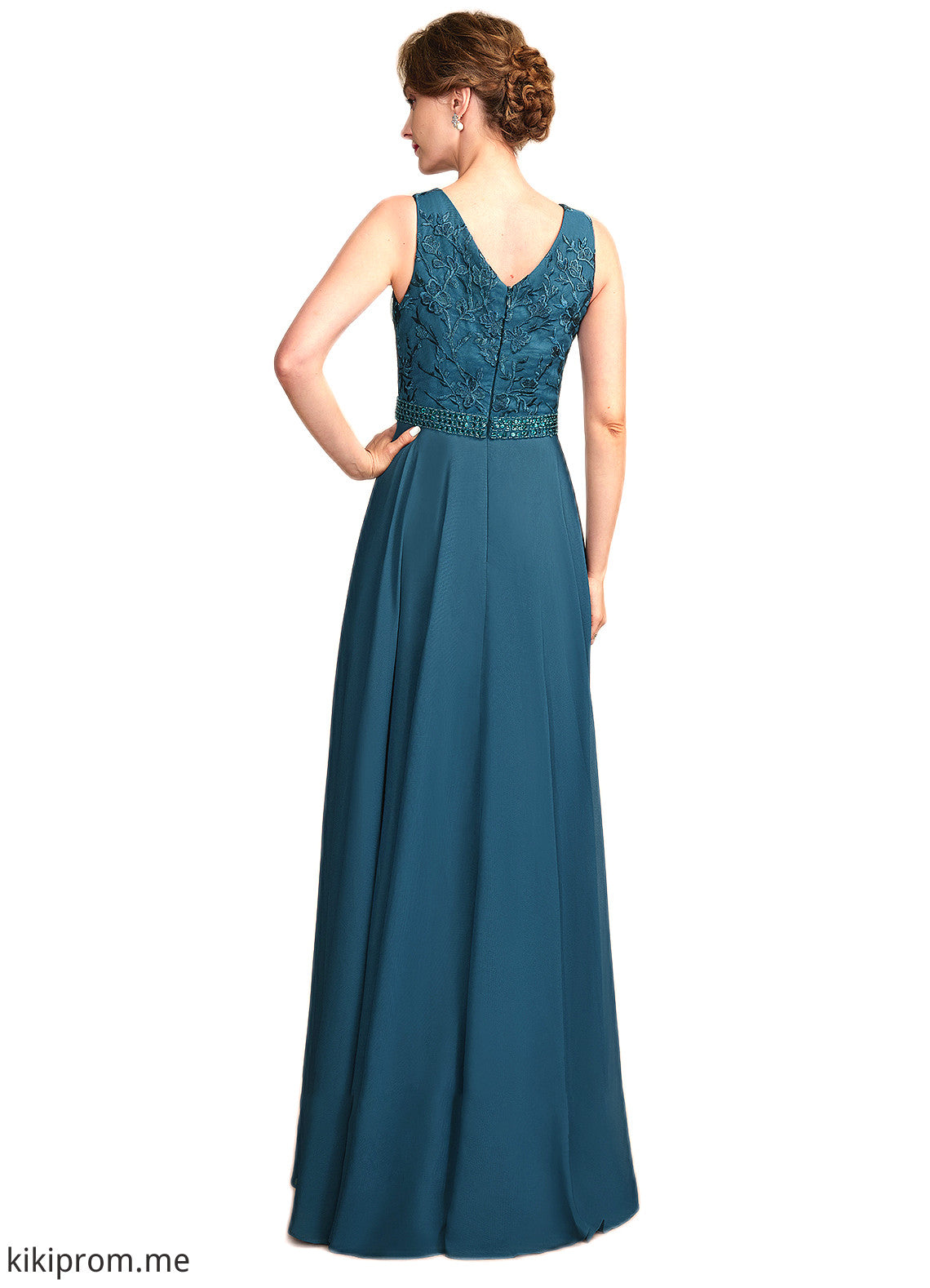 Dahlia A-Line V-neck Floor-Length Chiffon Lace Mother of the Bride Dress With Beading Sequins STF126P0015004