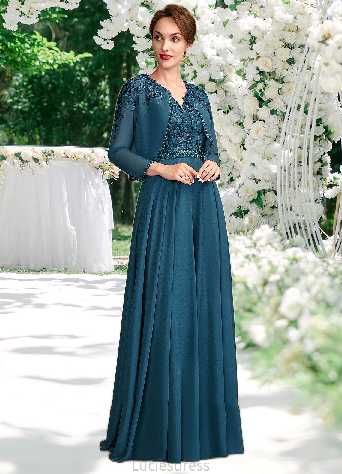 Miya A-Line V-neck Floor-Length Chiffon Lace Mother of the Bride Dress With Beading Sequins HF126P0015004