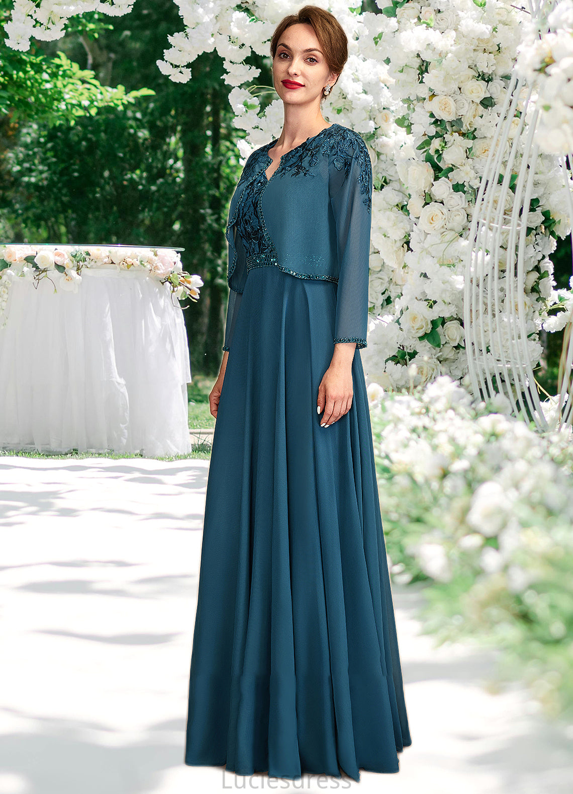 Miya A-Line V-neck Floor-Length Chiffon Lace Mother of the Bride Dress With Beading Sequins HF126P0015004