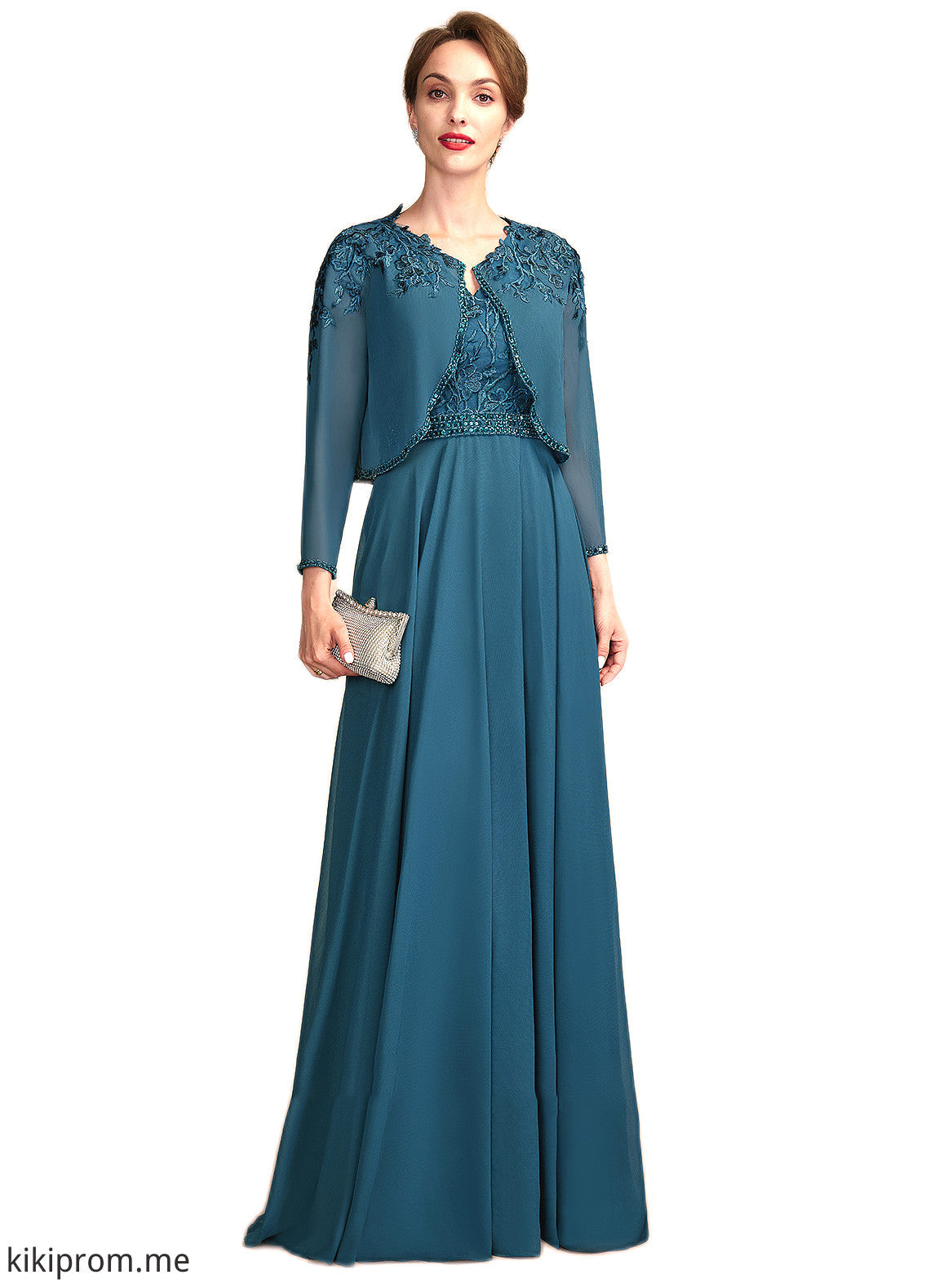 Dahlia A-Line V-neck Floor-Length Chiffon Lace Mother of the Bride Dress With Beading Sequins STF126P0015004