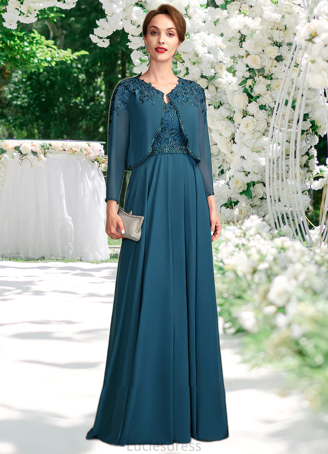 Miya A-Line V-neck Floor-Length Chiffon Lace Mother of the Bride Dress With Beading Sequins HF126P0015004