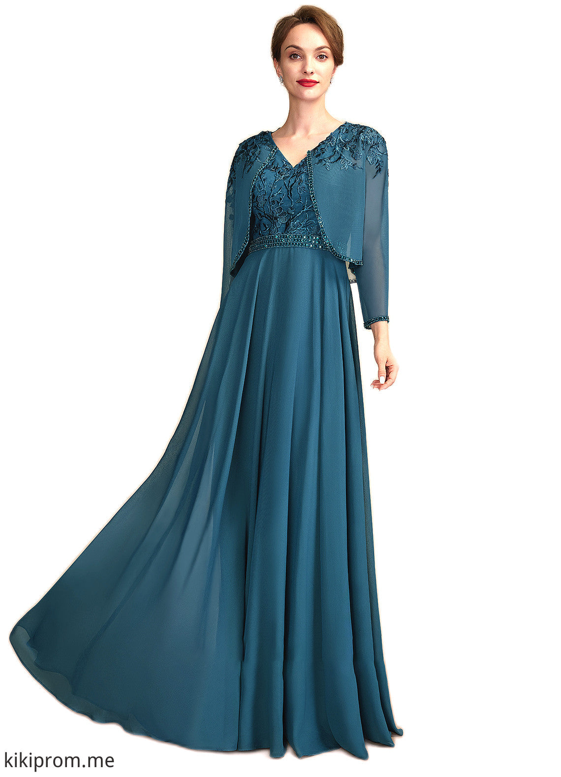 Dahlia A-Line V-neck Floor-Length Chiffon Lace Mother of the Bride Dress With Beading Sequins STF126P0015004