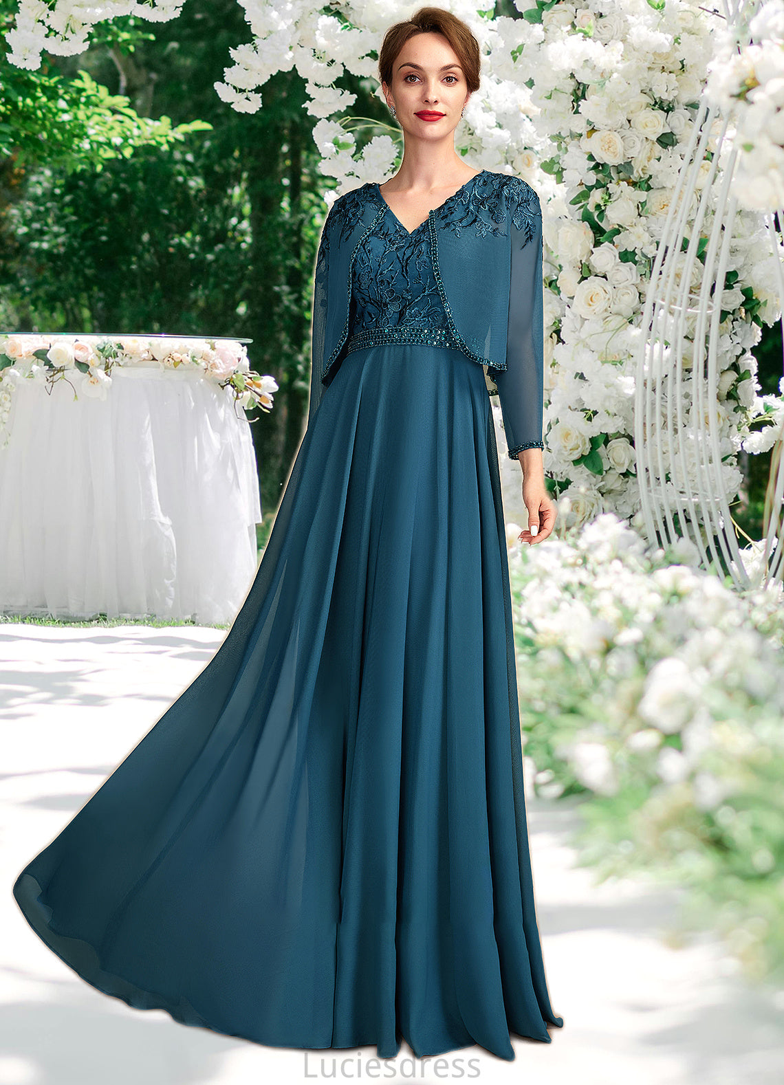 Miya A-Line V-neck Floor-Length Chiffon Lace Mother of the Bride Dress With Beading Sequins HF126P0015004