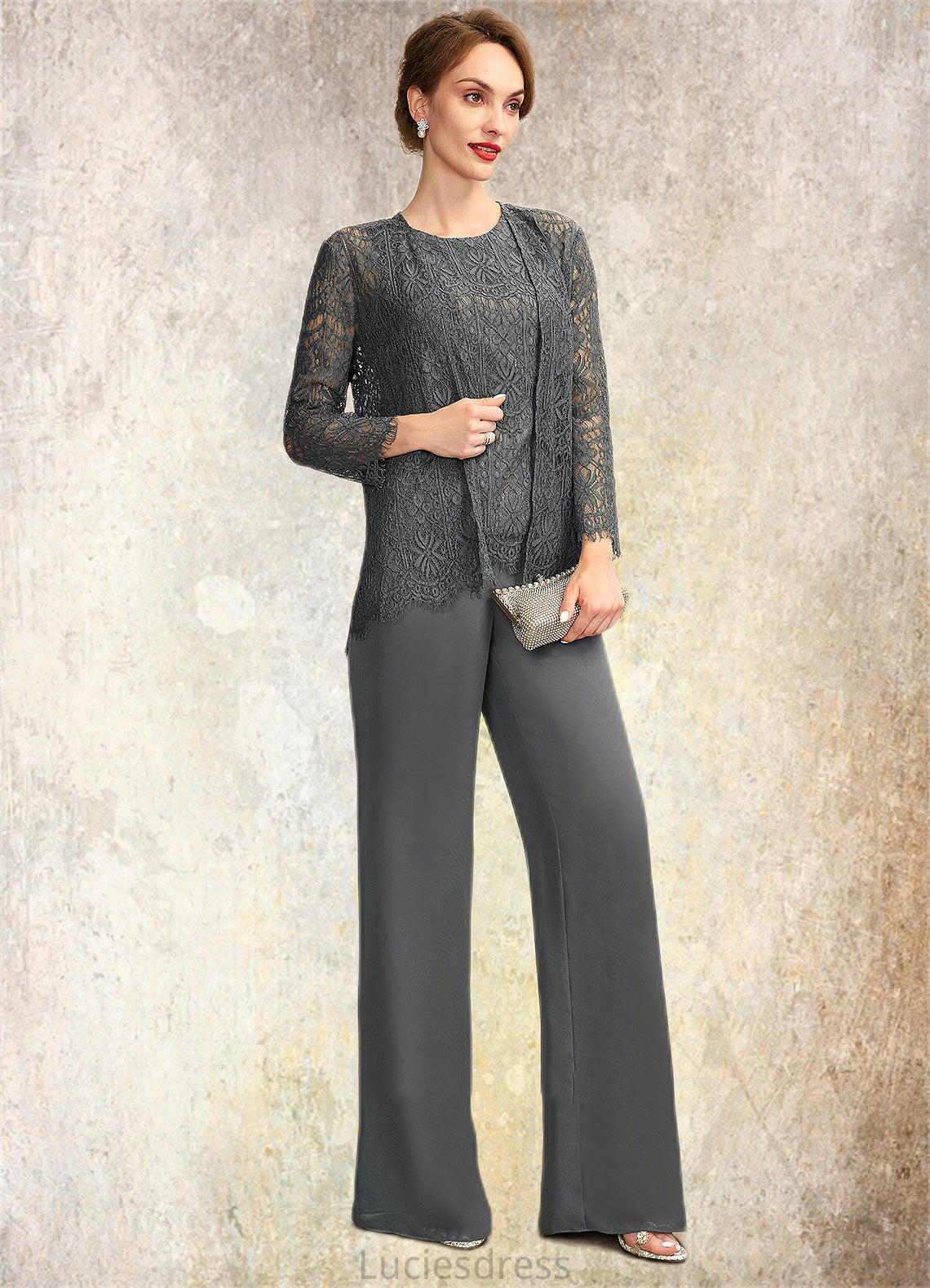 Fatima Jumpsuit/Pantsuit Scoop Neck Floor-Length Chiffon Lace Mother of the Bride Dress HF126P0015006