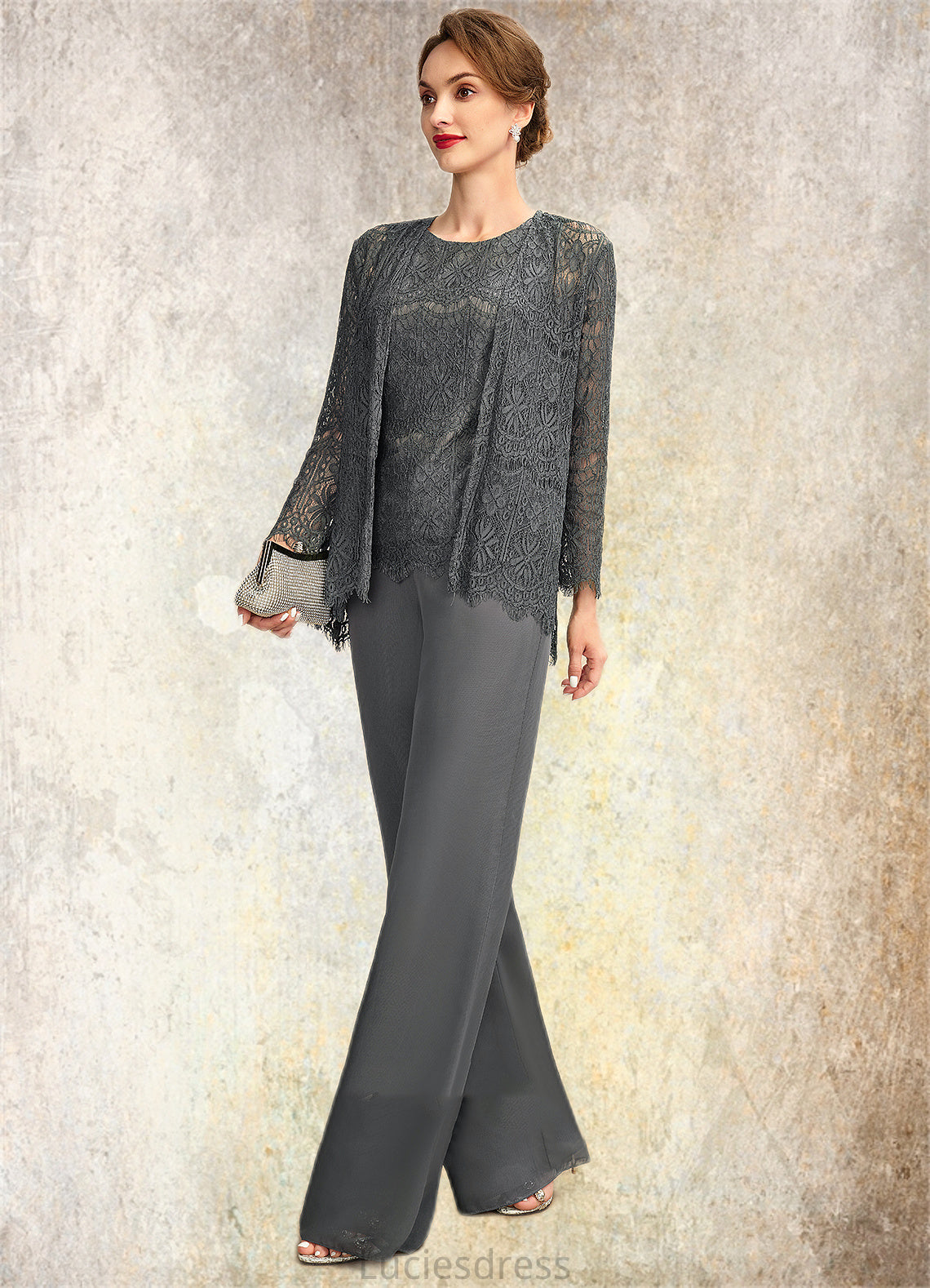 Fatima Jumpsuit/Pantsuit Scoop Neck Floor-Length Chiffon Lace Mother of the Bride Dress HF126P0015006