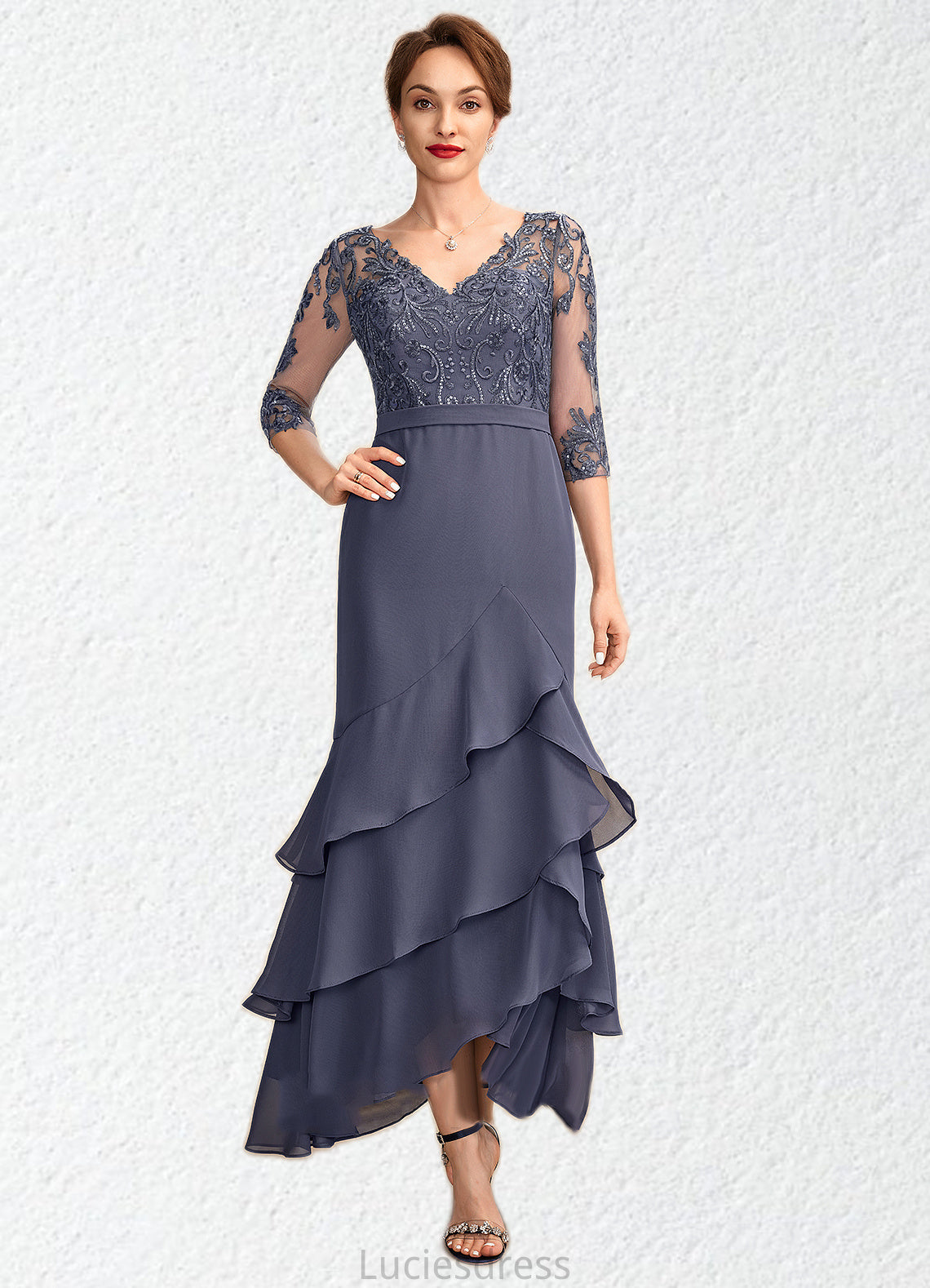 Grace Trumpet/Mermaid V-neck Asymmetrical Chiffon Lace Mother of the Bride Dress With Sequins Cascading Ruffles HF126P0015007