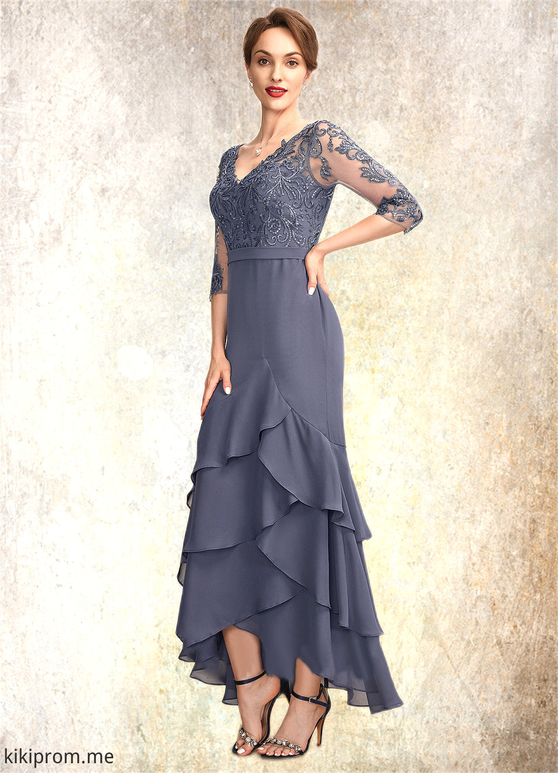 Leslie Trumpet/Mermaid V-neck Asymmetrical Chiffon Lace Mother of the Bride Dress With Sequins Cascading Ruffles STF126P0015007