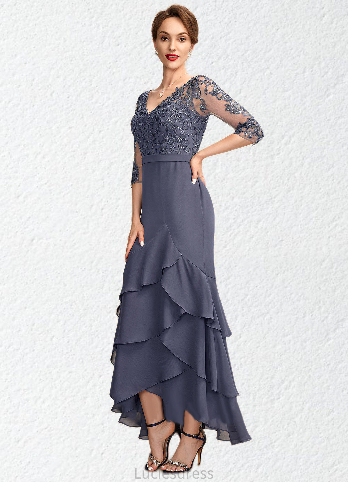 Grace Trumpet/Mermaid V-neck Asymmetrical Chiffon Lace Mother of the Bride Dress With Sequins Cascading Ruffles HF126P0015007