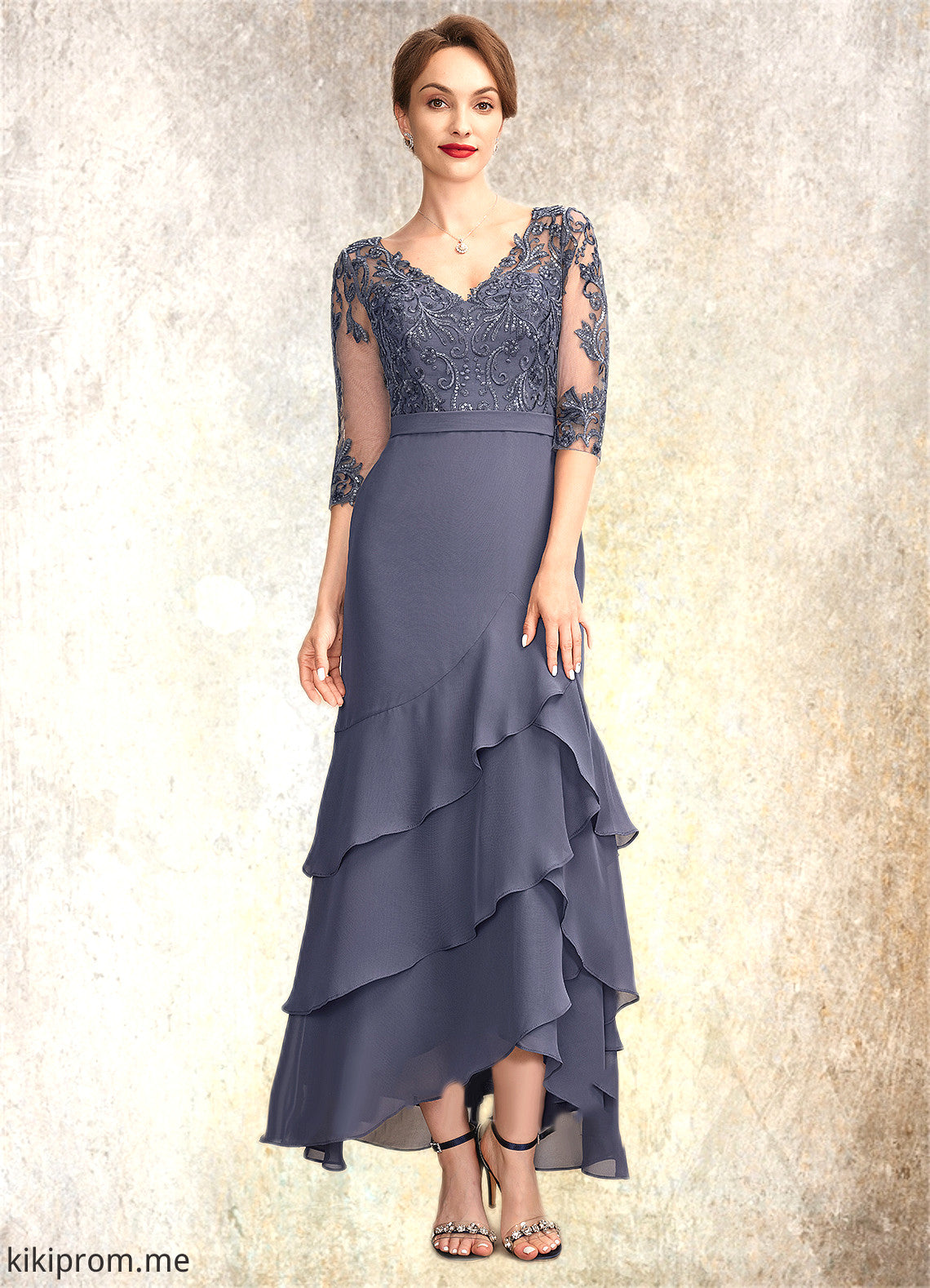 Leslie Trumpet/Mermaid V-neck Asymmetrical Chiffon Lace Mother of the Bride Dress With Sequins Cascading Ruffles STF126P0015007