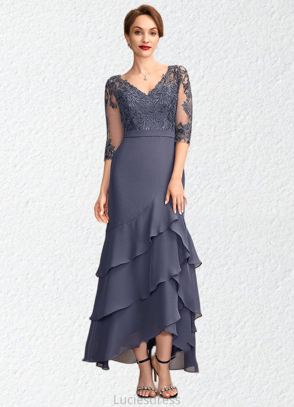 Grace Trumpet/Mermaid V-neck Asymmetrical Chiffon Lace Mother of the Bride Dress With Sequins Cascading Ruffles HF126P0015007