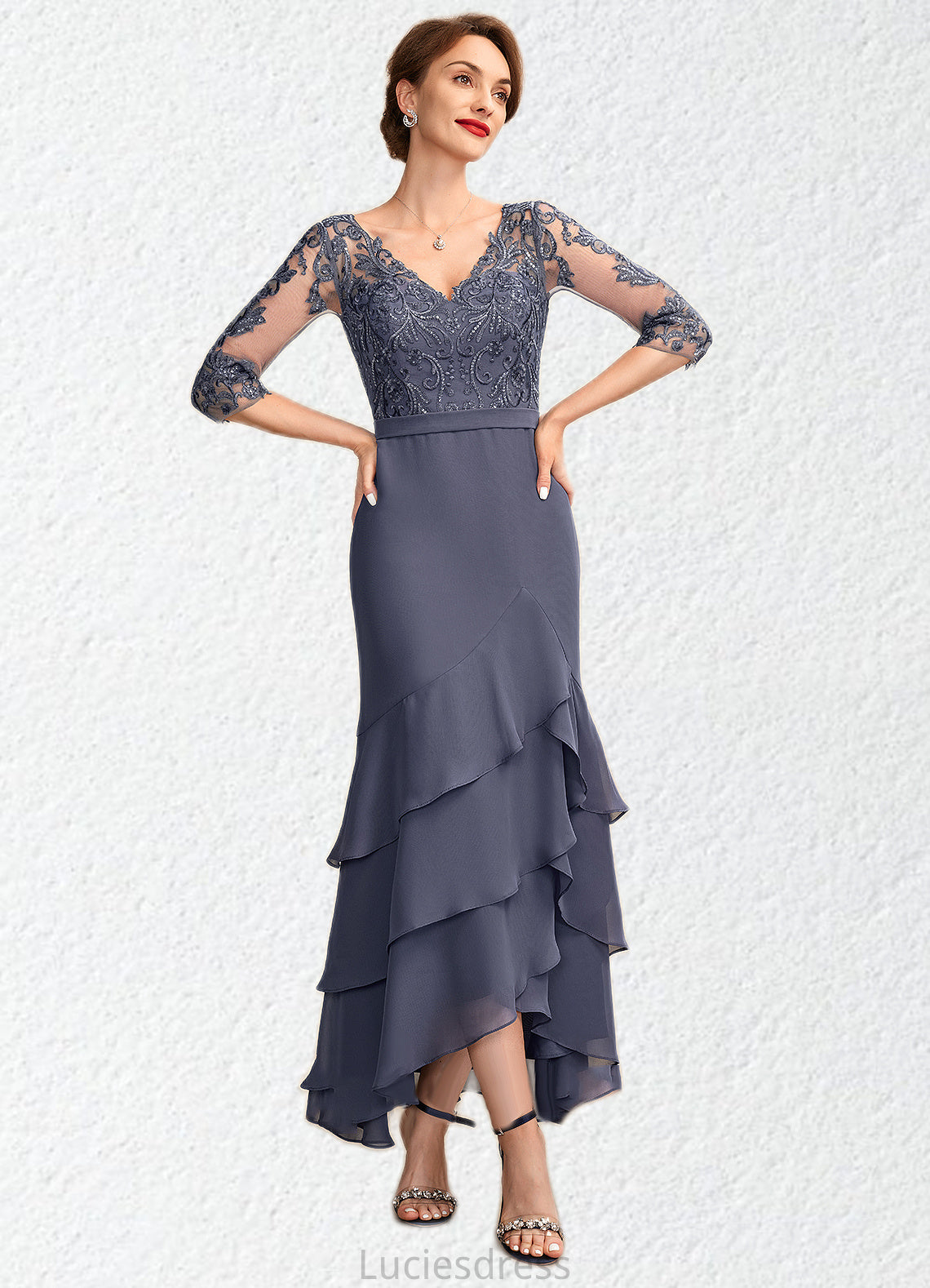 Grace Trumpet/Mermaid V-neck Asymmetrical Chiffon Lace Mother of the Bride Dress With Sequins Cascading Ruffles HF126P0015007