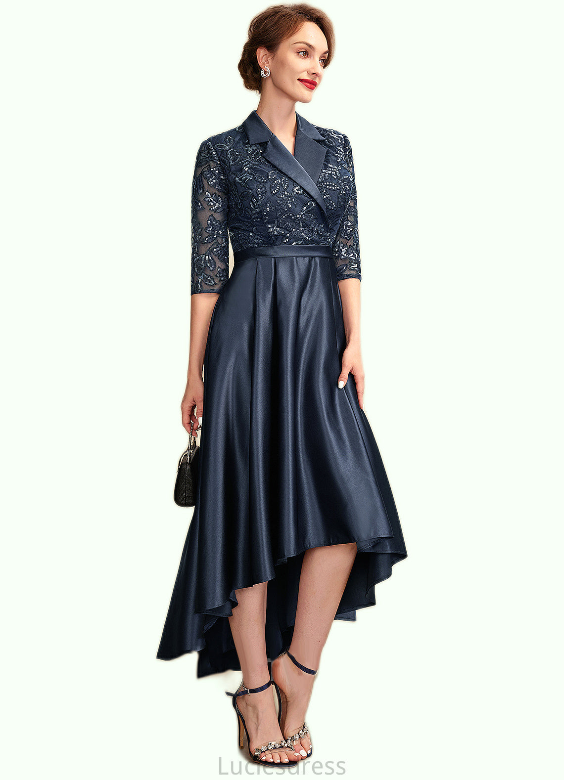 Mallory A-Line V-neck Asymmetrical Satin Lace Mother of the Bride Dress With Sequins Pockets HF126P0015008