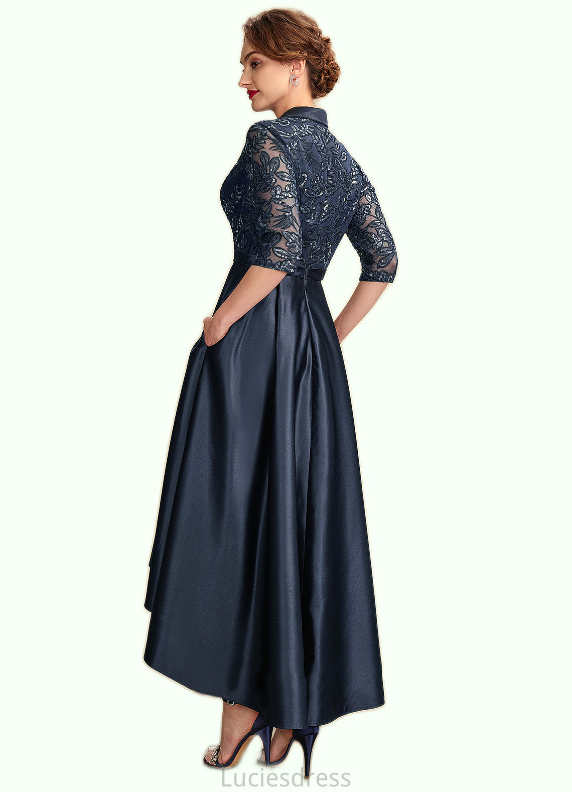 Mallory A-Line V-neck Asymmetrical Satin Lace Mother of the Bride Dress With Sequins Pockets HF126P0015008