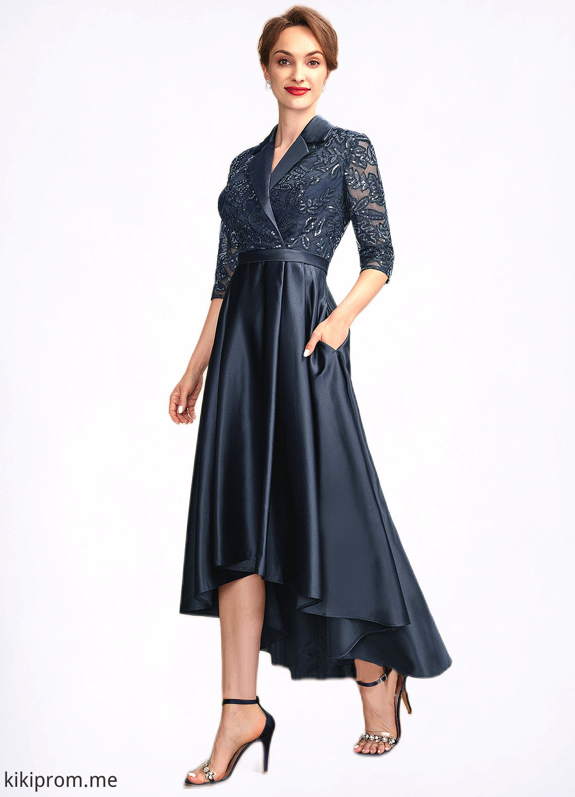 Aurora A-Line V-neck Asymmetrical Satin Lace Mother of the Bride Dress With Sequins Pockets STF126P0015008