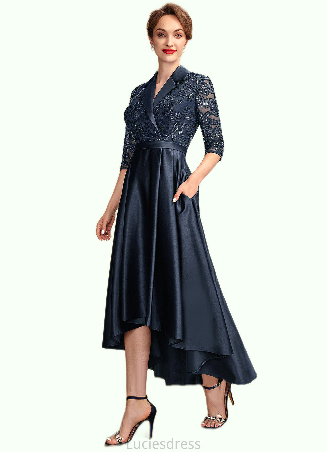 Mallory A-Line V-neck Asymmetrical Satin Lace Mother of the Bride Dress With Sequins Pockets HF126P0015008