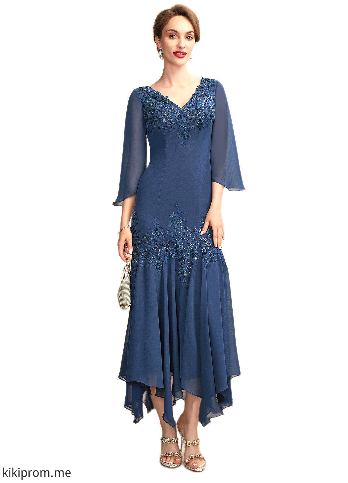 Aryanna Trumpet/Mermaid V-neck Ankle-Length Chiffon Mother of the Bride Dress With Appliques Lace Sequins STF126P0015009