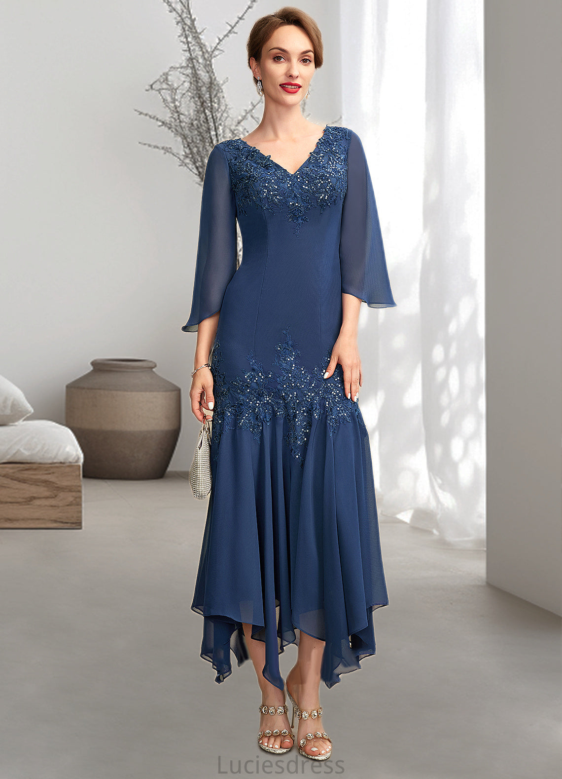 Riya Trumpet/Mermaid V-neck Ankle-Length Chiffon Mother of the Bride Dress With Appliques Lace Sequins HF126P0015009