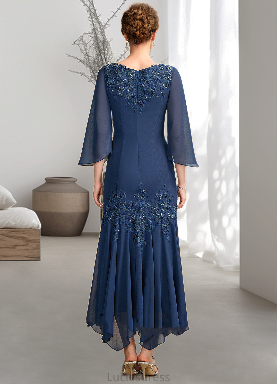 Riya Trumpet/Mermaid V-neck Ankle-Length Chiffon Mother of the Bride Dress With Appliques Lace Sequins HF126P0015009