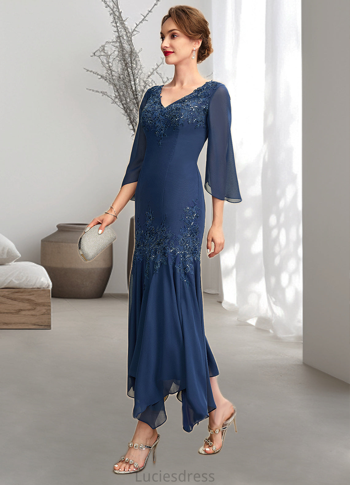 Riya Trumpet/Mermaid V-neck Ankle-Length Chiffon Mother of the Bride Dress With Appliques Lace Sequins HF126P0015009