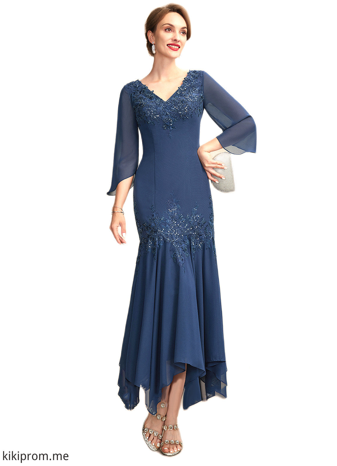 Aryanna Trumpet/Mermaid V-neck Ankle-Length Chiffon Mother of the Bride Dress With Appliques Lace Sequins STF126P0015009