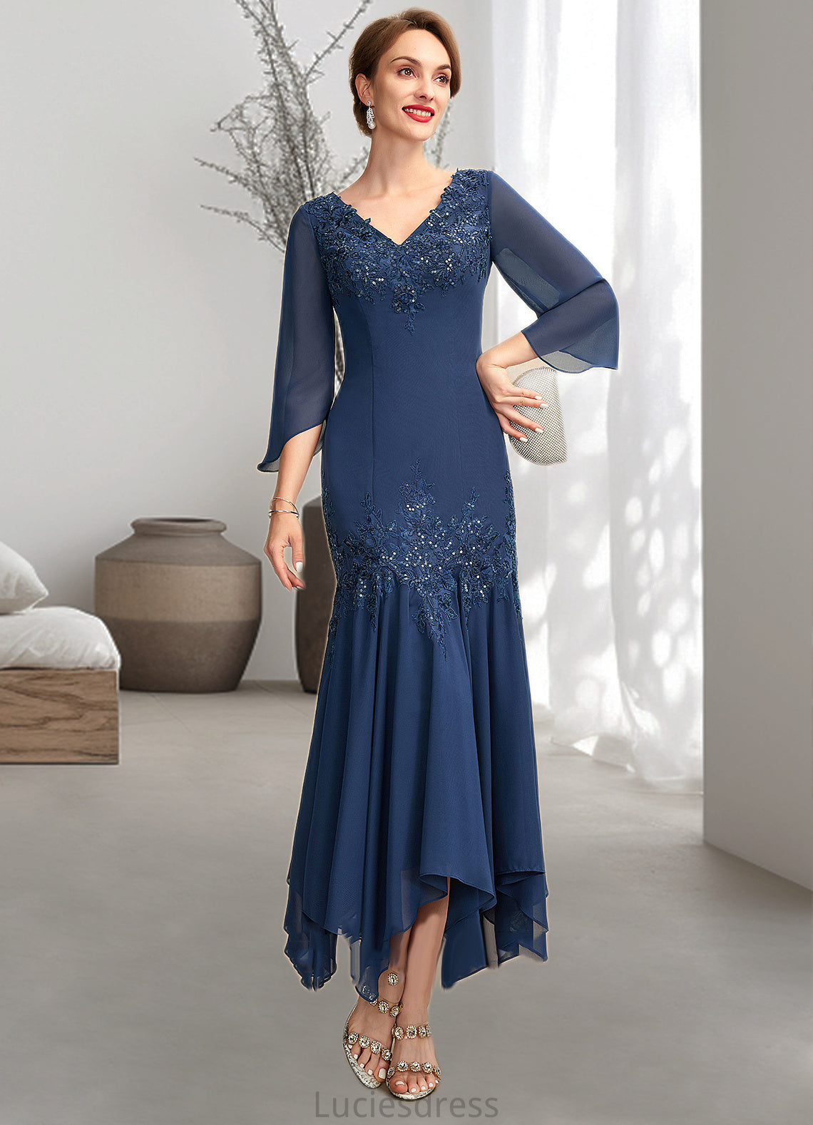 Riya Trumpet/Mermaid V-neck Ankle-Length Chiffon Mother of the Bride Dress With Appliques Lace Sequins HF126P0015009