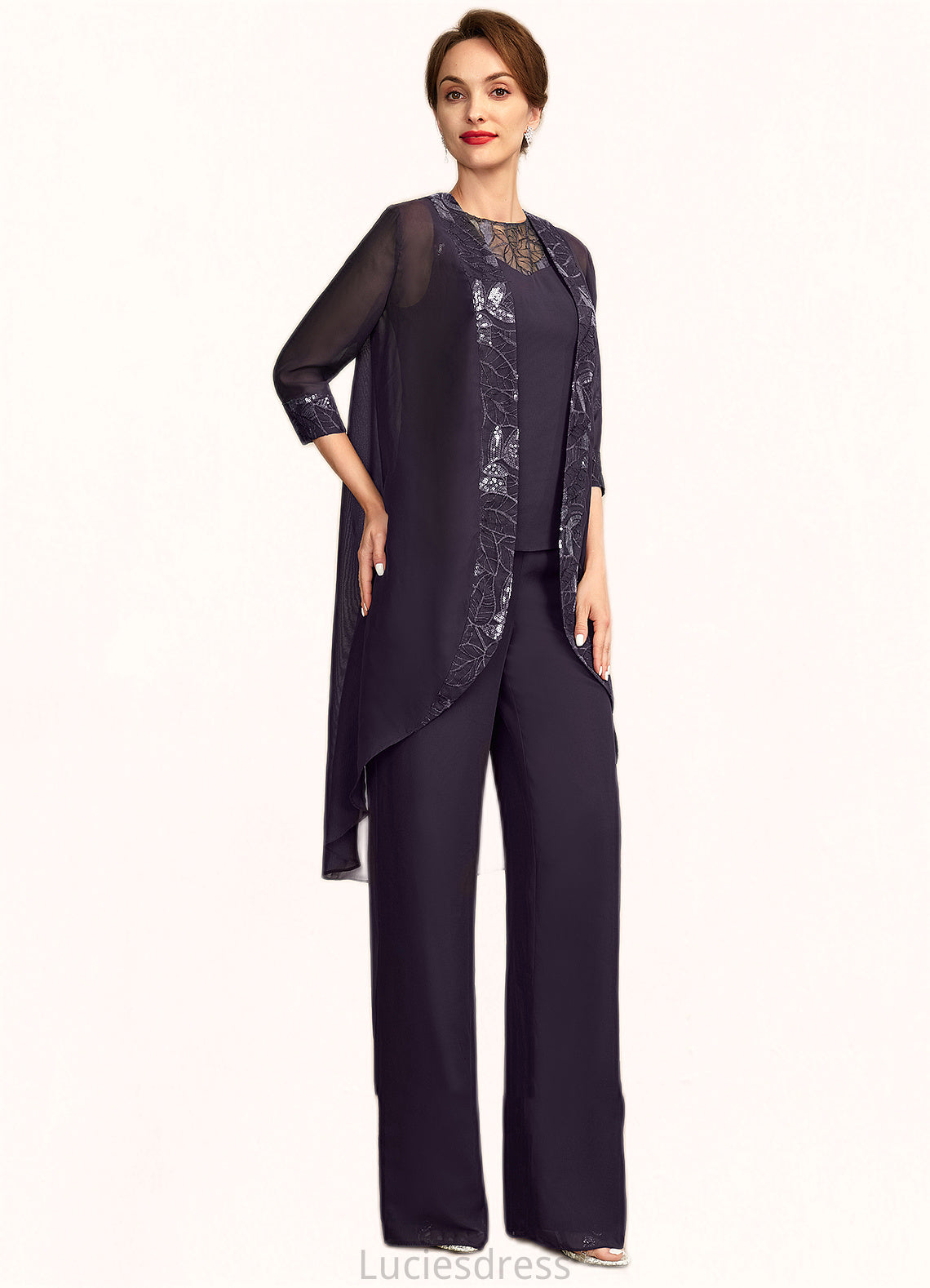 Rhianna Jumpsuit/Pantsuit Scoop Neck Floor-Length Chiffon Lace Mother of the Bride Dress With Sequins HF126P0015010