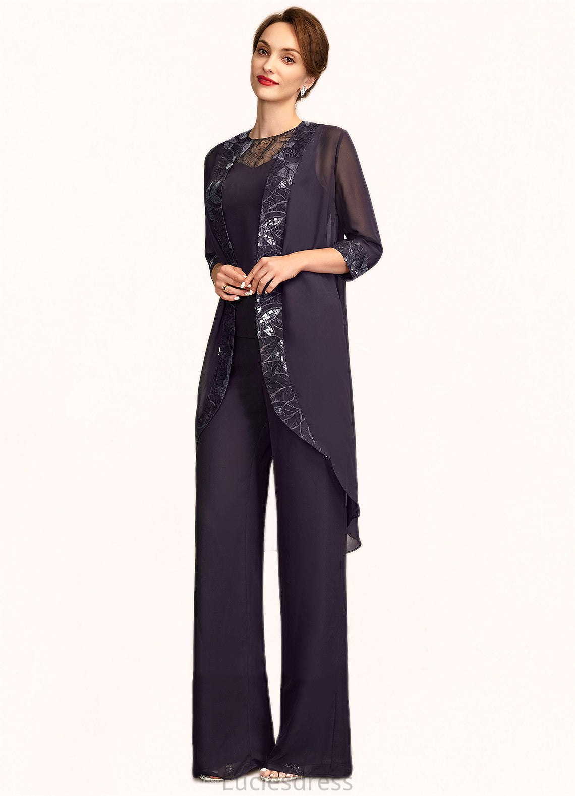 Rhianna Jumpsuit/Pantsuit Scoop Neck Floor-Length Chiffon Lace Mother of the Bride Dress With Sequins HF126P0015010