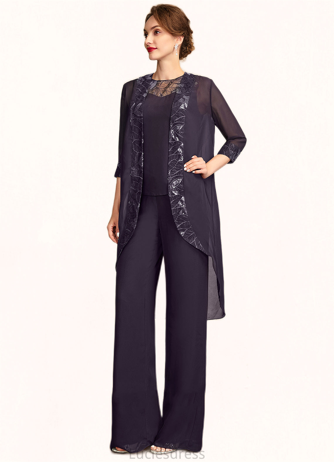 Rhianna Jumpsuit/Pantsuit Scoop Neck Floor-Length Chiffon Lace Mother of the Bride Dress With Sequins HF126P0015010