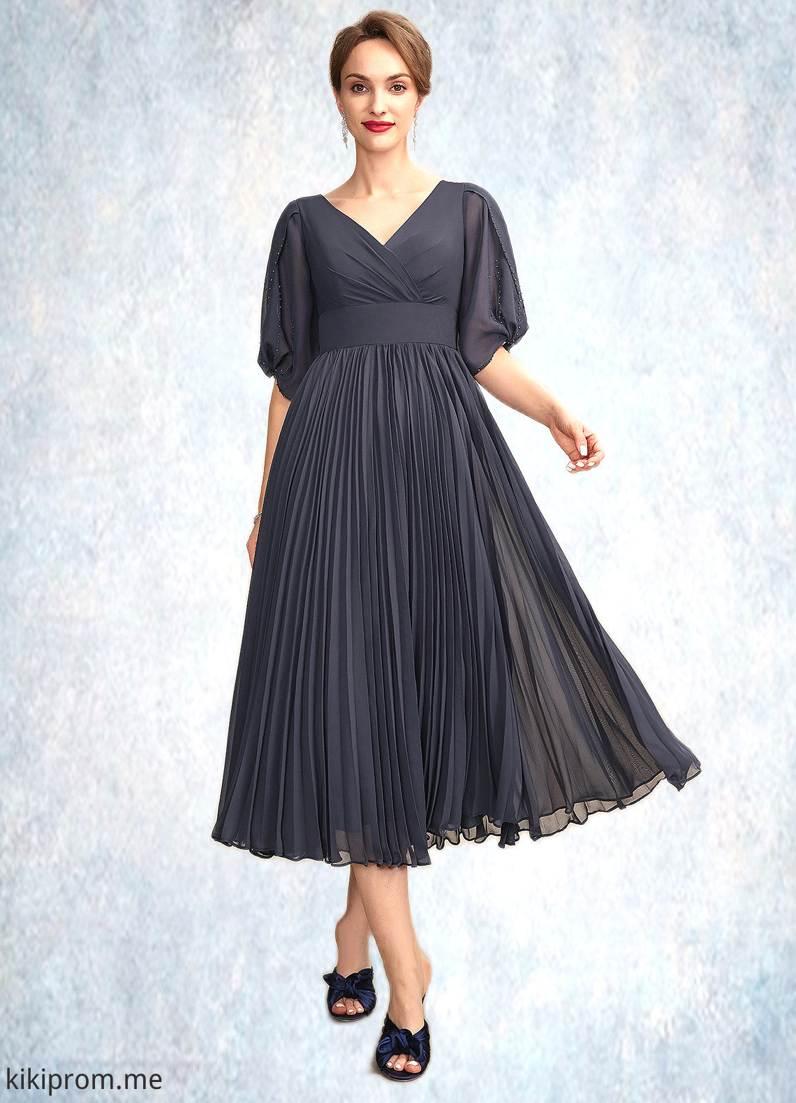 Kassandra A-Line V-neck Tea-Length Chiffon Mother of the Bride Dress With Pleated STF126P0015012