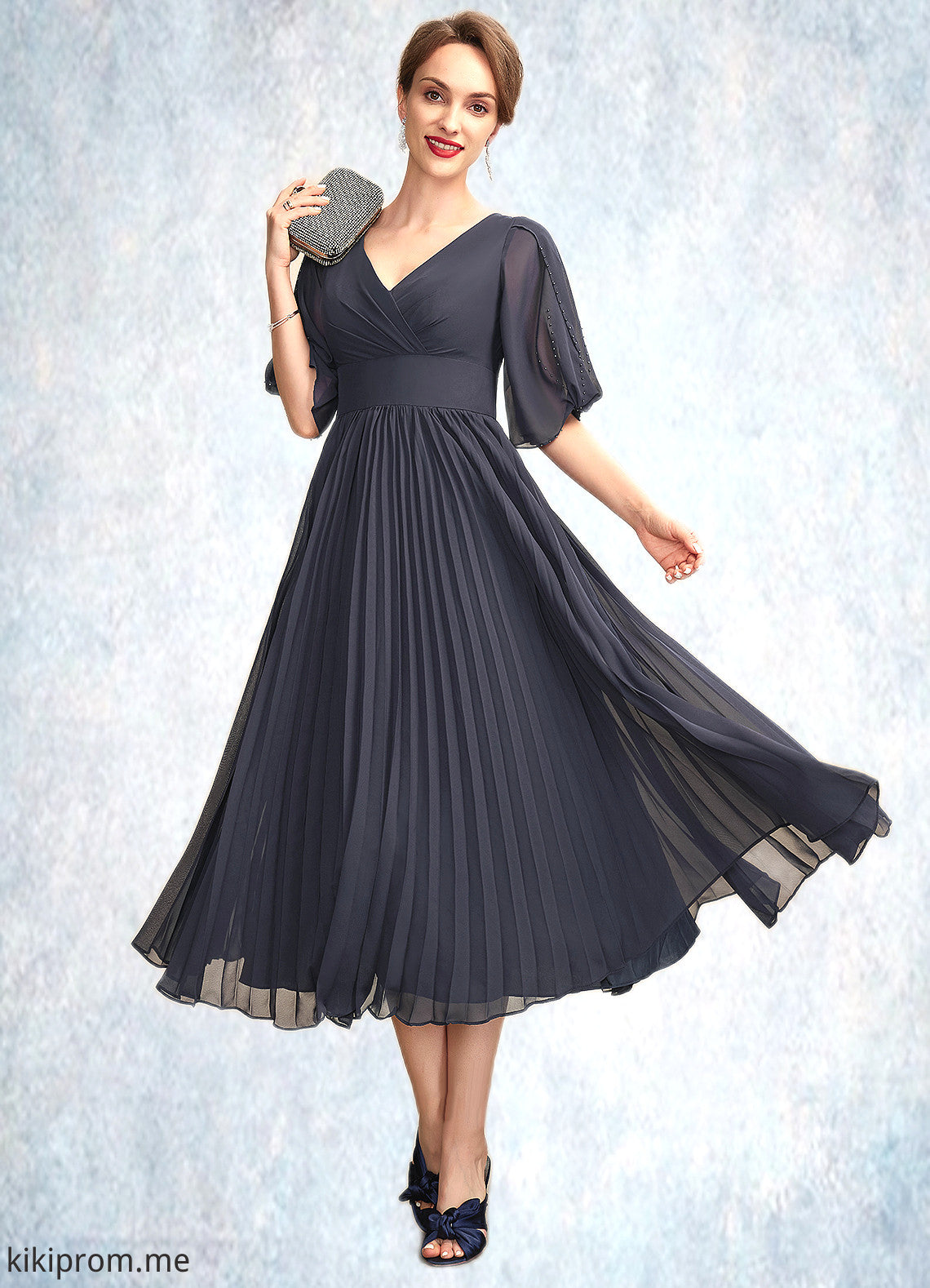 Kassandra A-Line V-neck Tea-Length Chiffon Mother of the Bride Dress With Pleated STF126P0015012