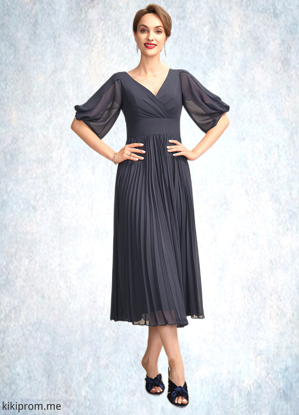 Kassandra A-Line V-neck Tea-Length Chiffon Mother of the Bride Dress With Pleated STF126P0015012