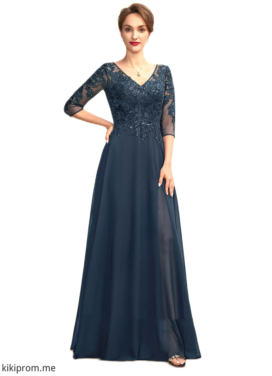 Cheyenne A-Line V-neck Floor-Length Chiffon Lace Mother of the Bride Dress With Sequins Split Front STF126P0015014